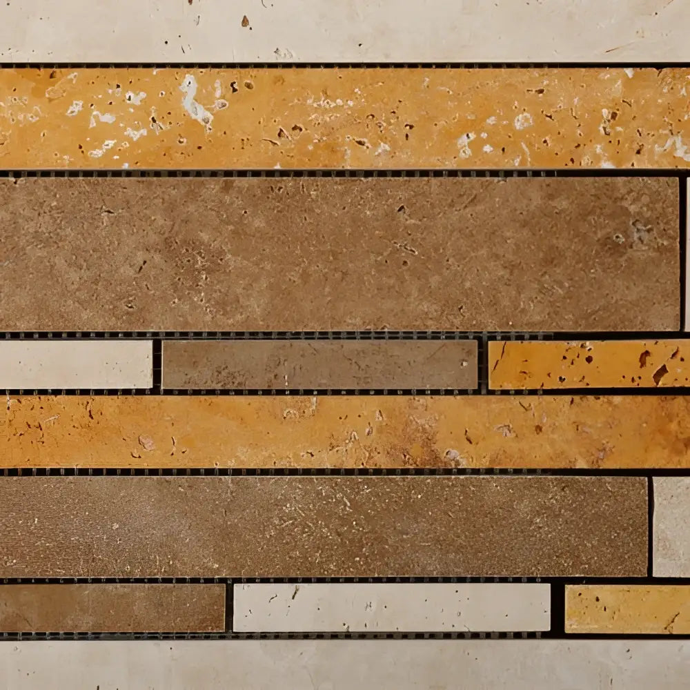 Mixed ivory noce gold random strip travertine mosaic honed tile