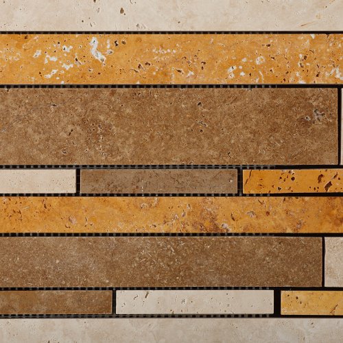 Mixed ivory noce gold random strip travertine mosaic honed tile