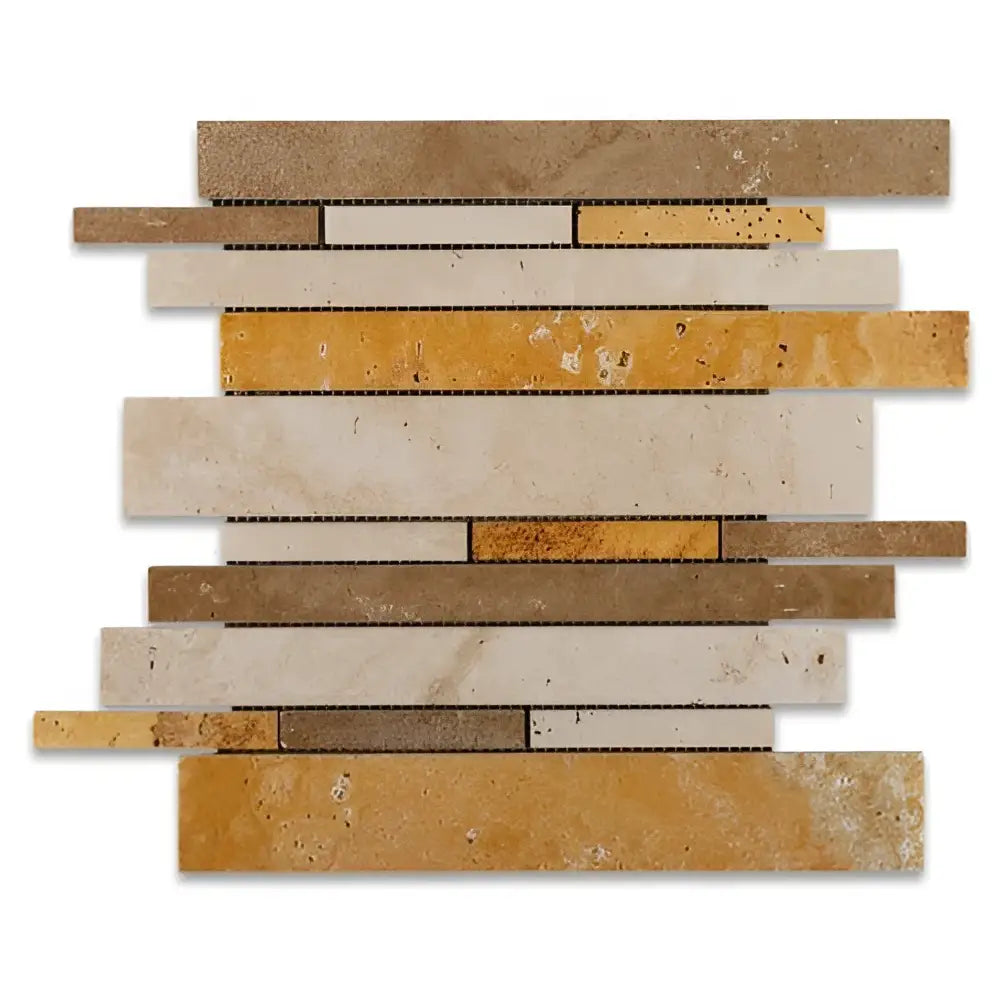 Mixed Ivory Noce Gold Random Strip Travertine Mosaic Tile Honed