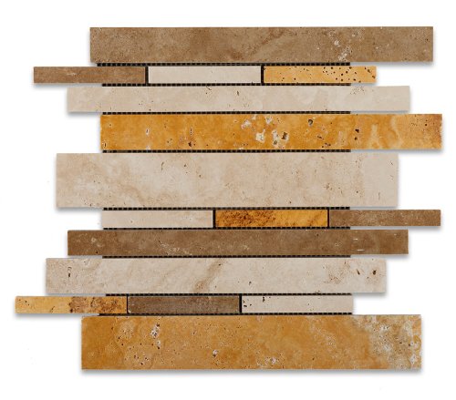 Mixed Ivory Noce Gold Random Strip Travertine Mosaic Tile Honed