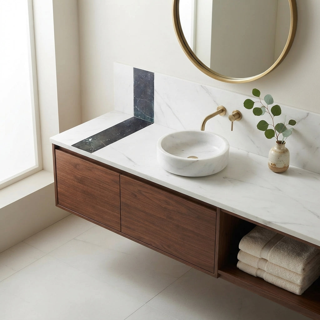 White marble vessel sink with gold-toned faucet on floating dark wood vanity with bianco dolomite and nero marquina tiles