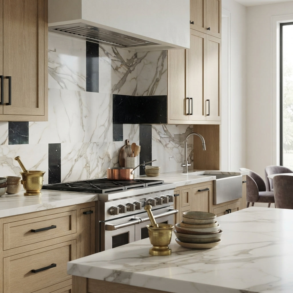 Modern stainless steel range with black cooktop and silver knobs in modena calacatta gold 12x12 and nero marquina 4x12 set