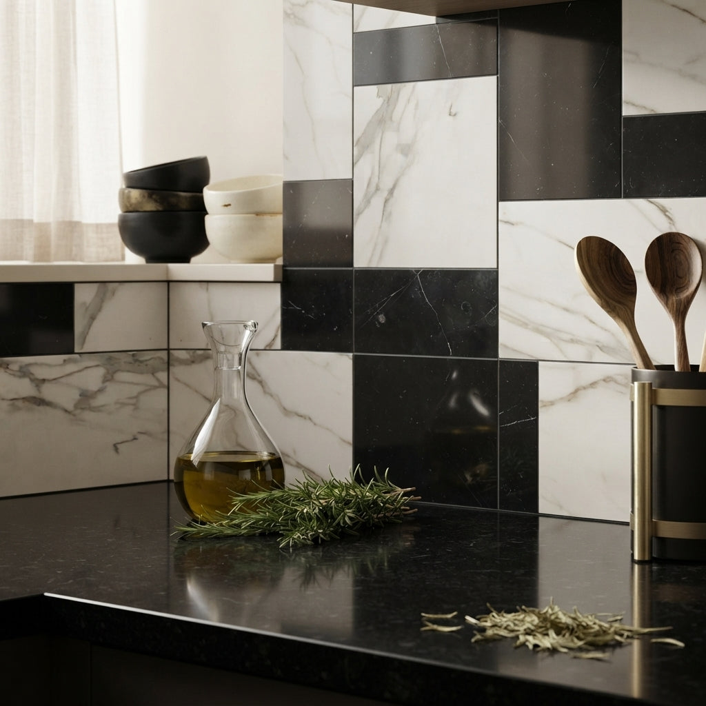 A clear glass carafe with golden olive oil and rosemary on a black countertop in modena calacatta gold and nero marquina tile set