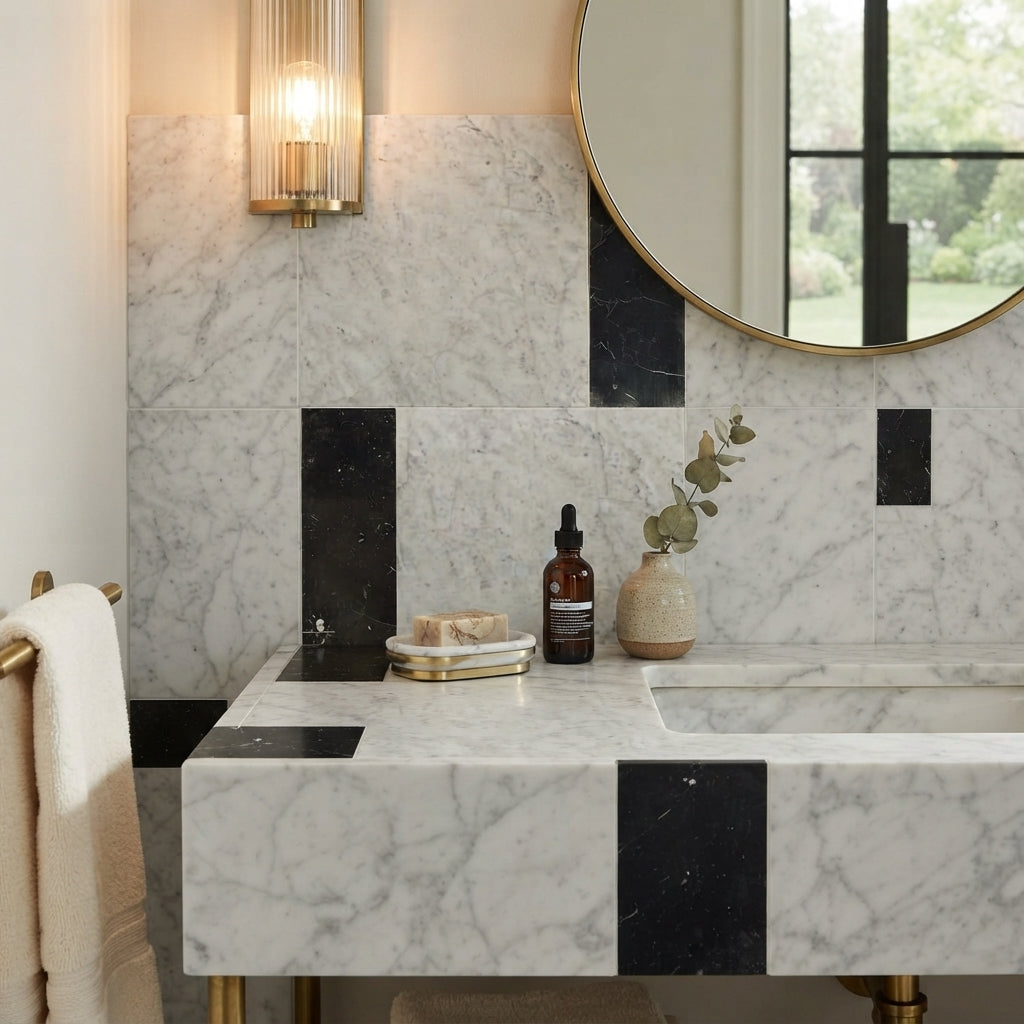 White marble bathroom vanity featuring carrara white 12x12 tiles with nero marquina 4x12 black accent tiles and gold hardware