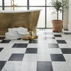 Black and white marble checkered floor tiles featuring carrara white 12x12 and nero marquina 6x12 set modena