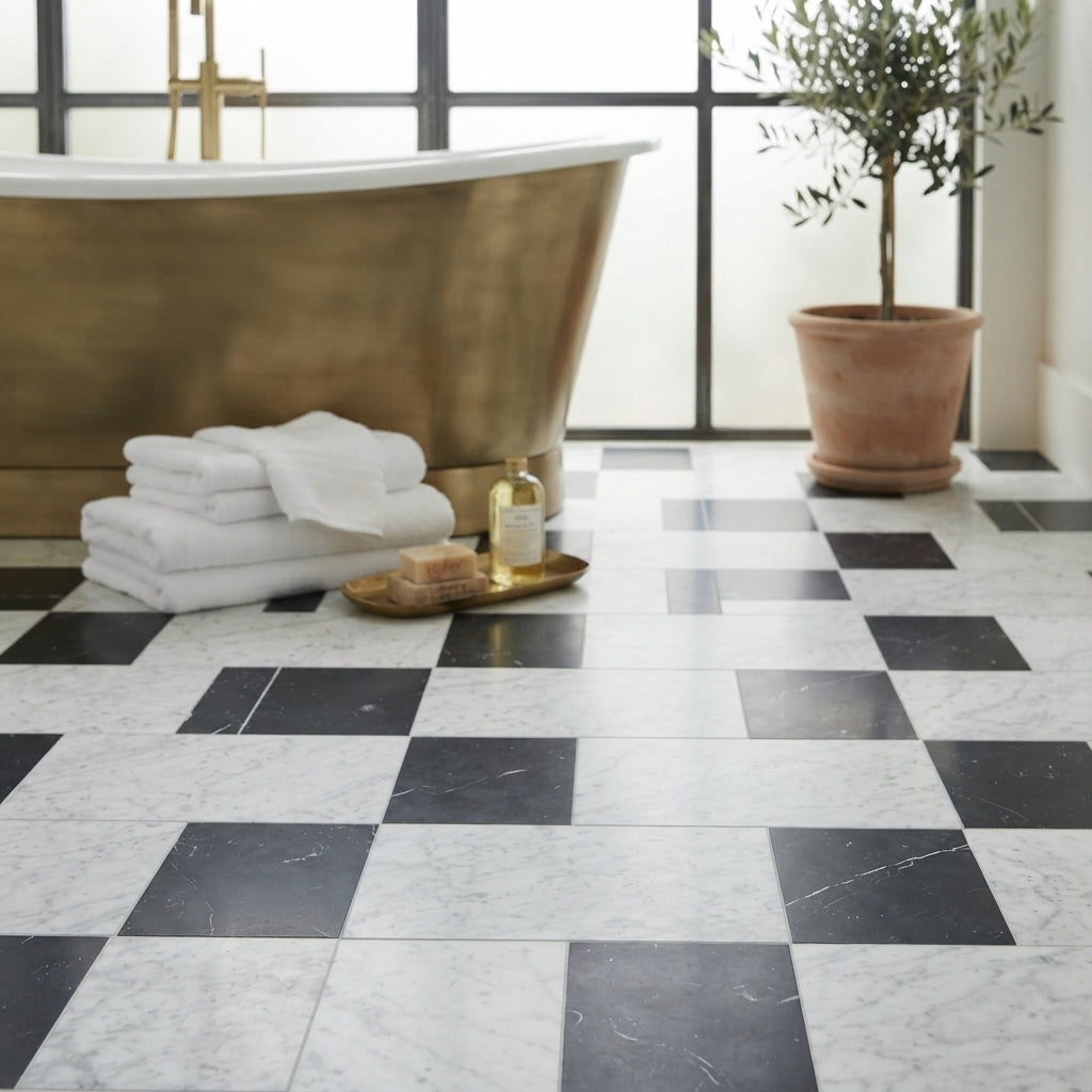 Black and white marble checkered floor tiles featuring carrara white 12x12 and nero marquina 6x12 set modena