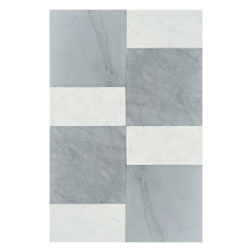 Gray and white marble tile pattern of Modena in Bardiglio Imperiale and Carrara White Set