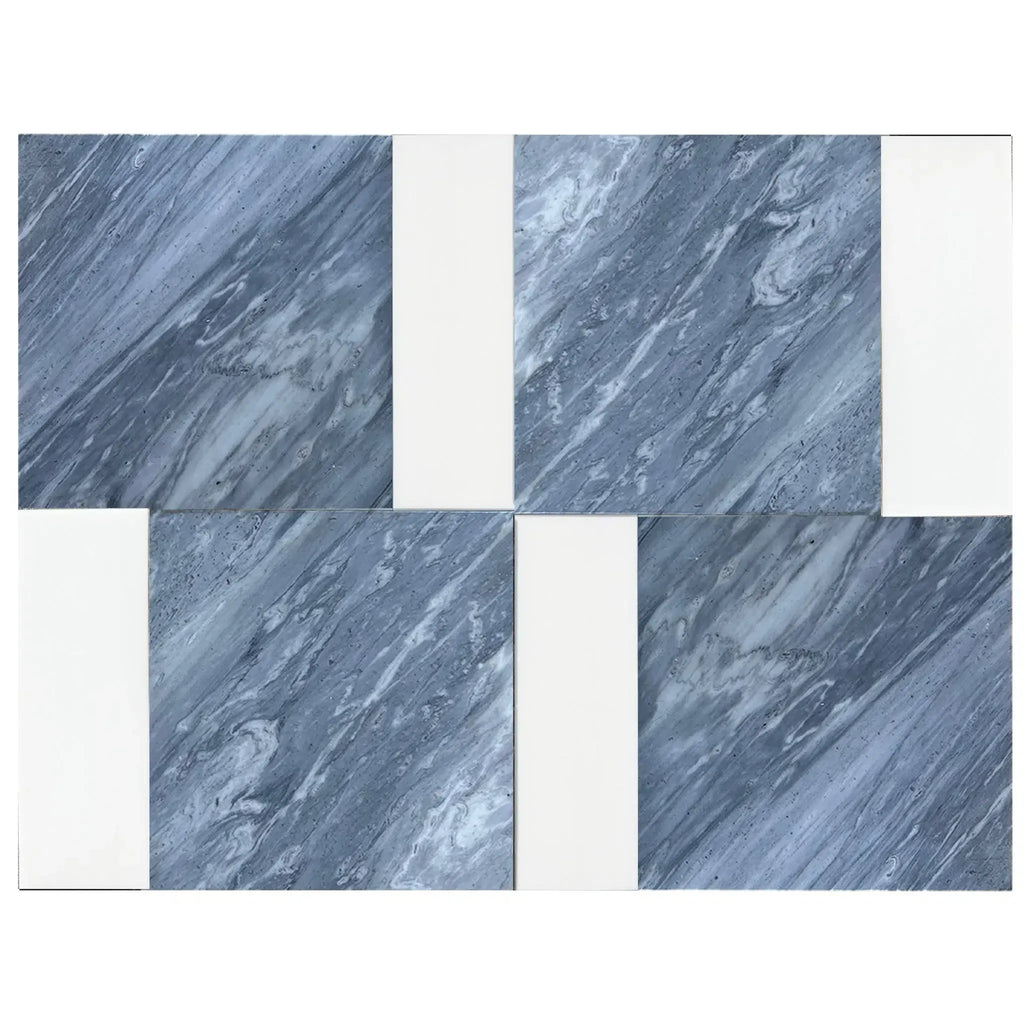 Blue and white patterned tiles from Modena in Bardiglio Nuvolato and Bianco Dolomite set