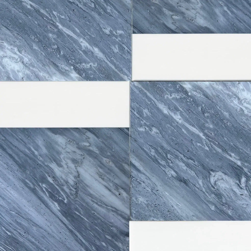 Blue marble tile pattern in Modena Bardiglio Nuvolato 12X12 and Bianco Dolomite 4X12 Set