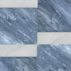 Blue and white marble tile pattern in Modena Bardiglio Nuvolato and Carrara White set