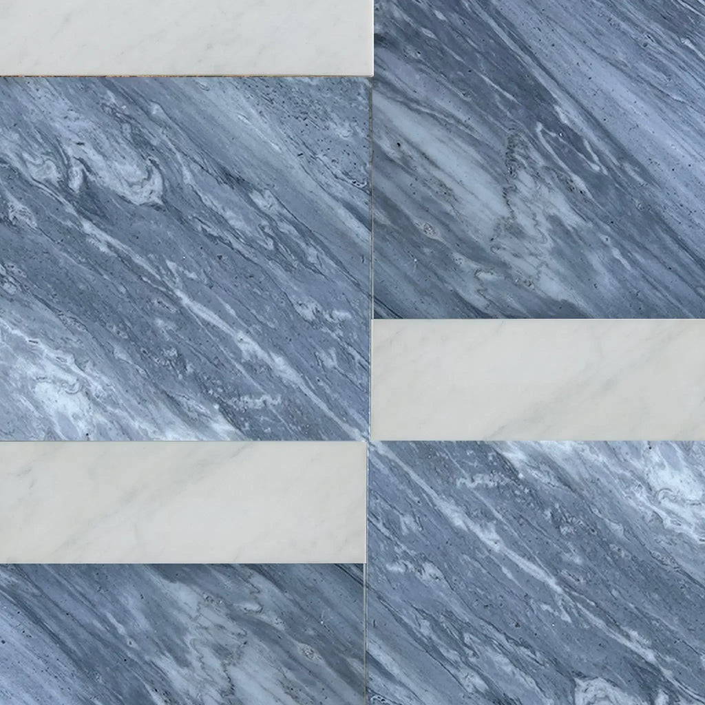 Blue and white marble tile pattern in Modena Bardiglio Nuvolato and Carrara White set
