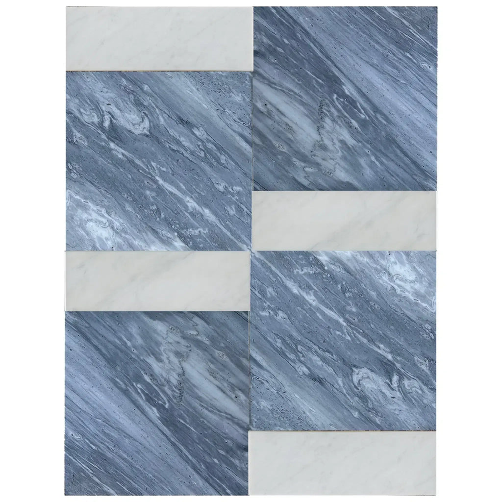 Blue and white marble tile pattern of Modena in Bardiglio Nuvolato and Carrara White set