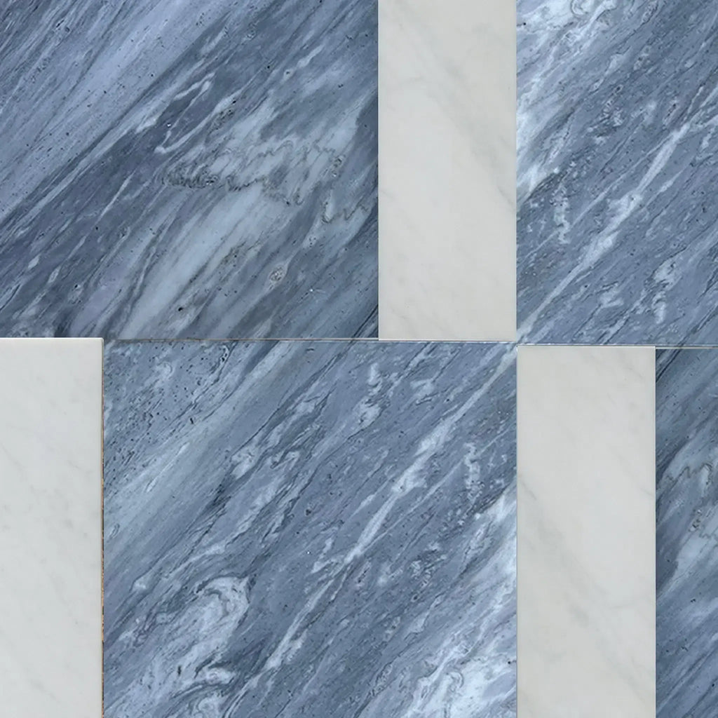 Blue and white marble tile pattern from Modena in Bardiglio Nuvolato and Carrara White set