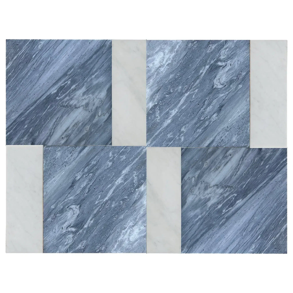 Marble tile pattern showcasing Modena in Bardiglio Nuvolato and Carrara White set