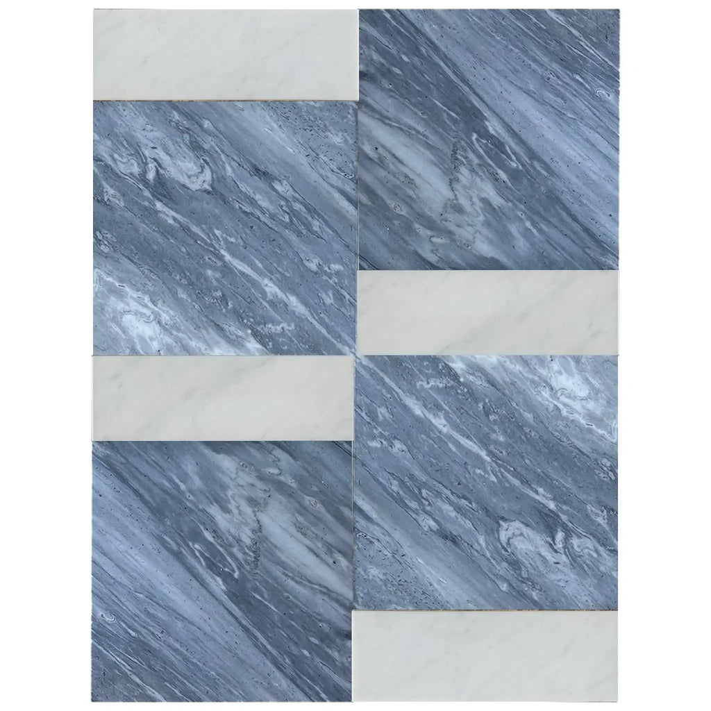 Blue and white marble tile pattern of Modena in Bardiglio Nuvolato and Carrara White set