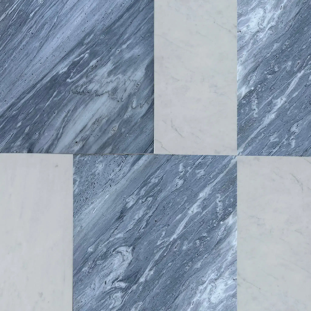 Alternating marble tile pattern of Modena in Bardiglio Nuvolato and Carrara White Set