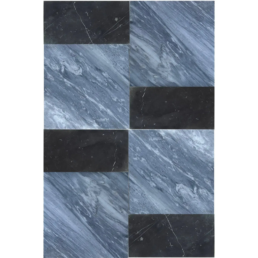 Alternating dark and light marble tiles in Modena Bardiglio Nuvolato and Nero Marquina set