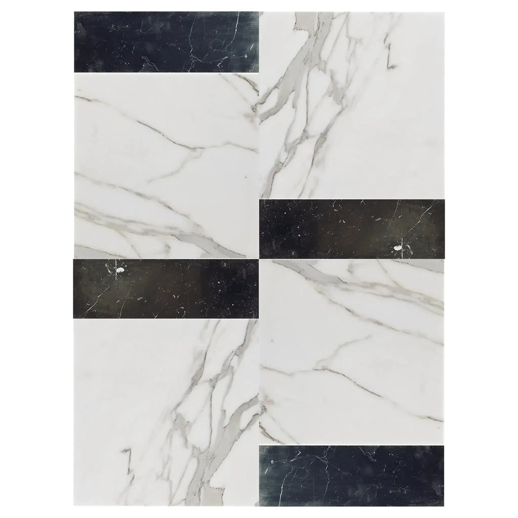 Marble and black tile pattern in Modena Calacatta Gold and Nero Marquina set