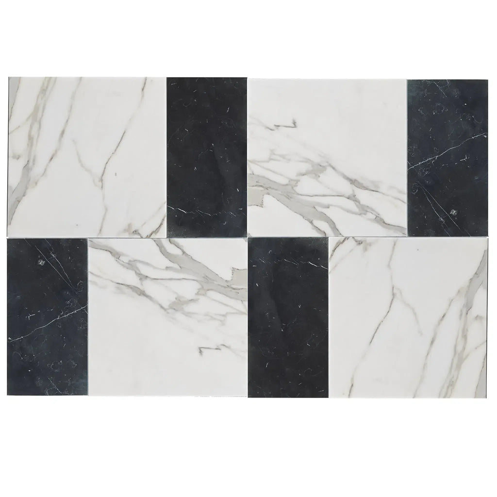 Black and white marble tile pattern of Modena in Calacatta Gold and Nero Marquina Set