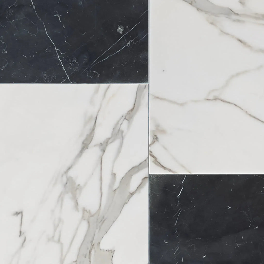 Black and white marble tiles in Modena Calacatta Gold and Nero Marquina Set