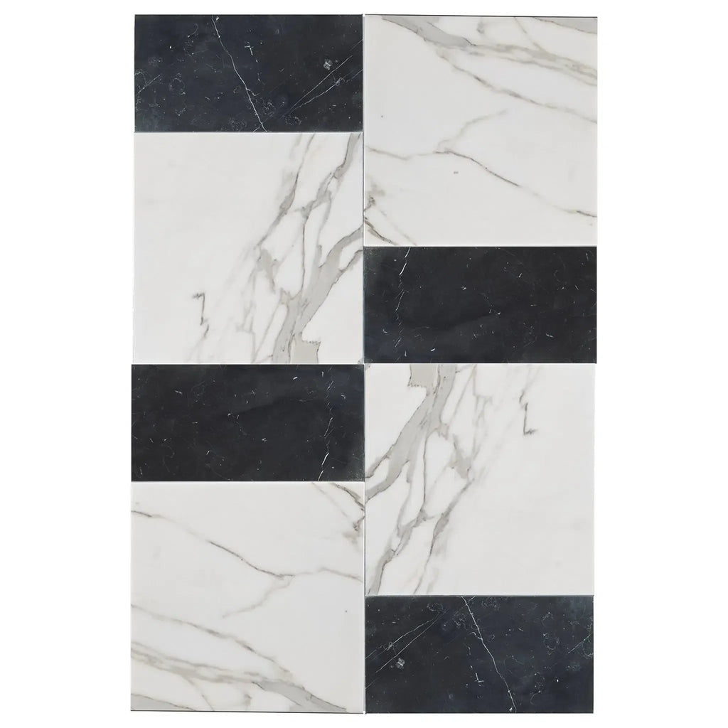 Black and white marble tile pattern of Modena in Calacatta Gold and Nero Marquina set