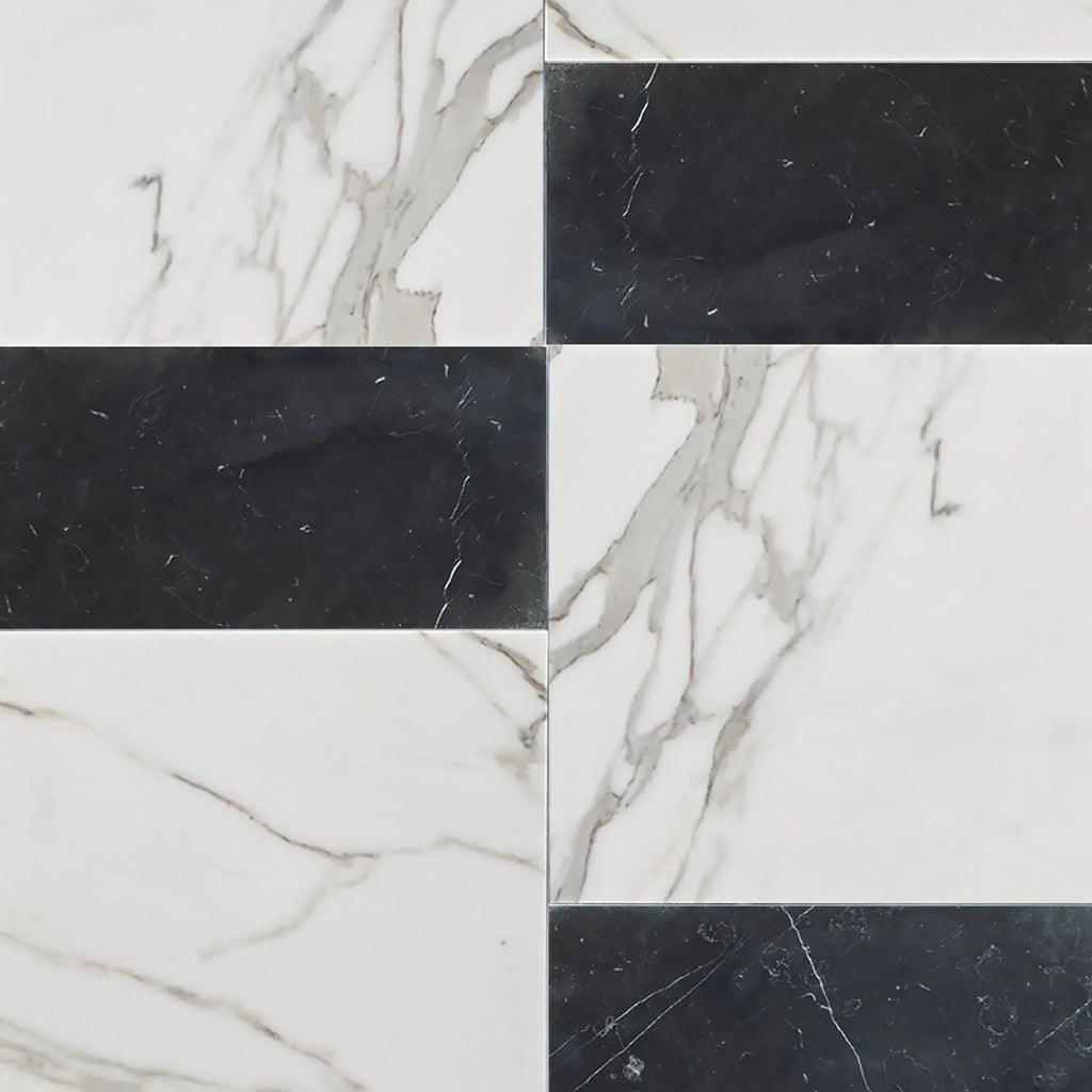 Black and white marble tile pattern in Modena Calacatta Gold and Nero Marquina set