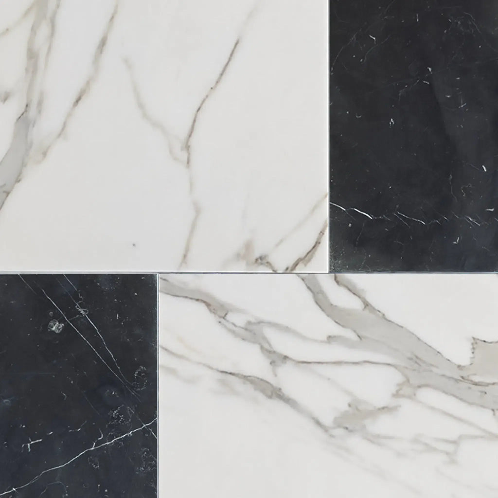Black and white marble tiles in Modena Calacatta Gold and Nero Marquina set