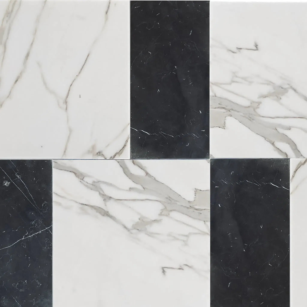 Black and white marble tile pattern in Modena Calacatta Gold and Nero Marquina set