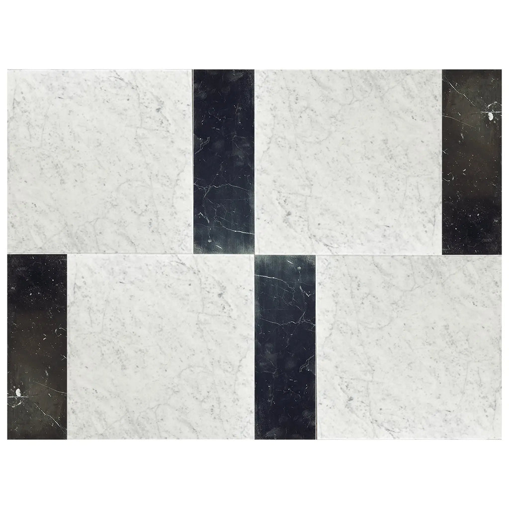 Rectangular marble tile pattern in Modena Carrara White and Nero Marquina Set