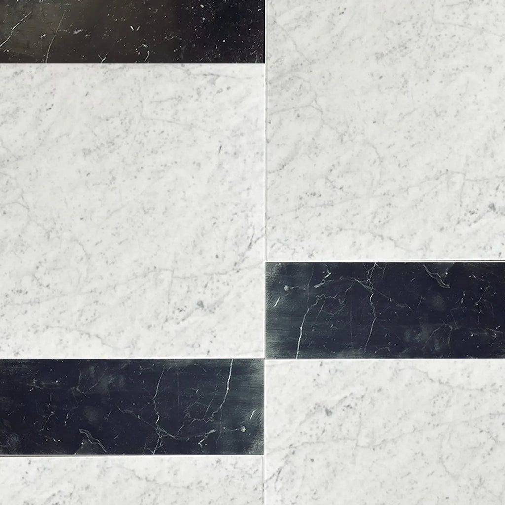 Black and white marble tiles in Modena Carrara White 12X12 and Nero Marquina 4X12 set