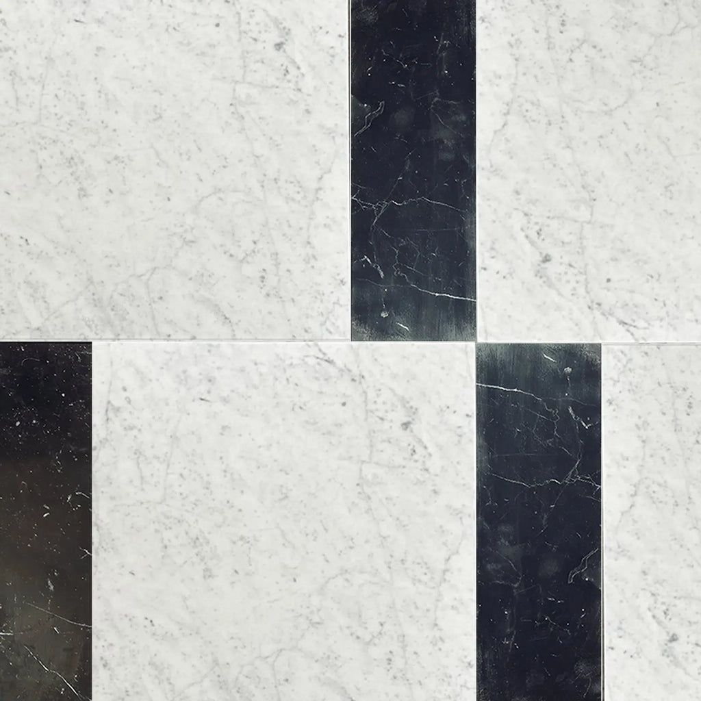 Black and white marble tiles in Modena Carrara White 12X12 and Nero Marquina 4X12 Set