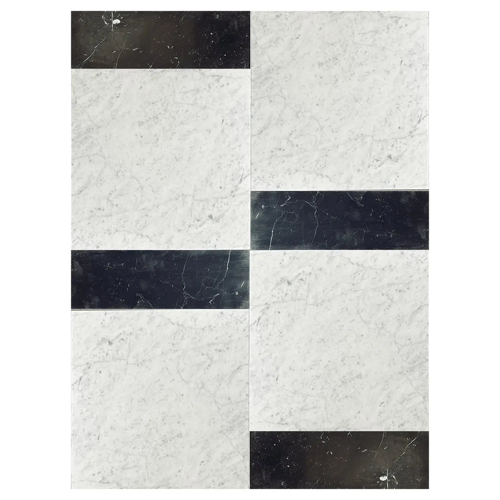 Marble tile pattern of Modena in Carrara White 12X12 and Nero Marquina 4X12 Set