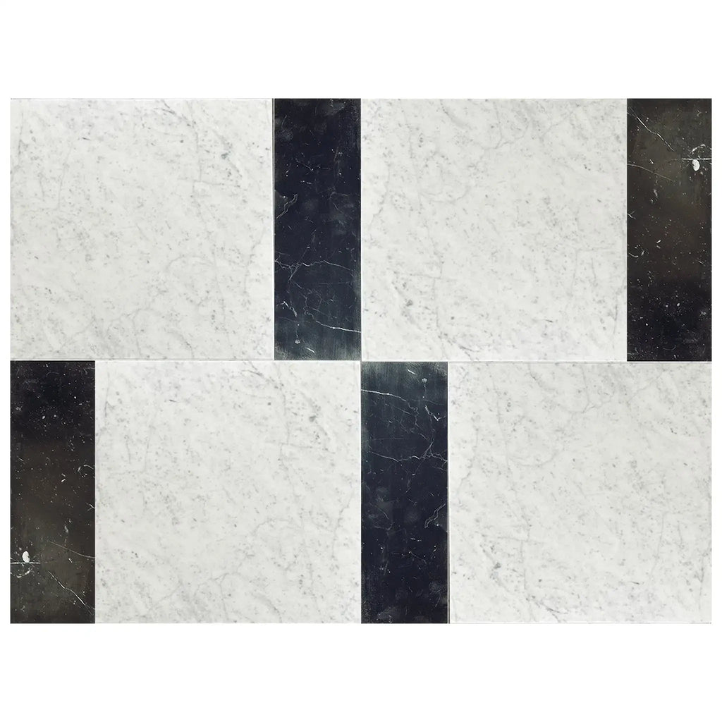 Rectangular marble tile pattern in Modena Carrara White and Nero Marquina Set