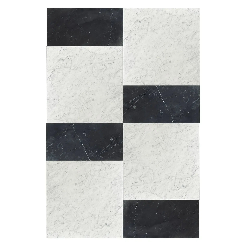 Black and white marble tile pattern in Modena Carrara White and Nero Marquina set