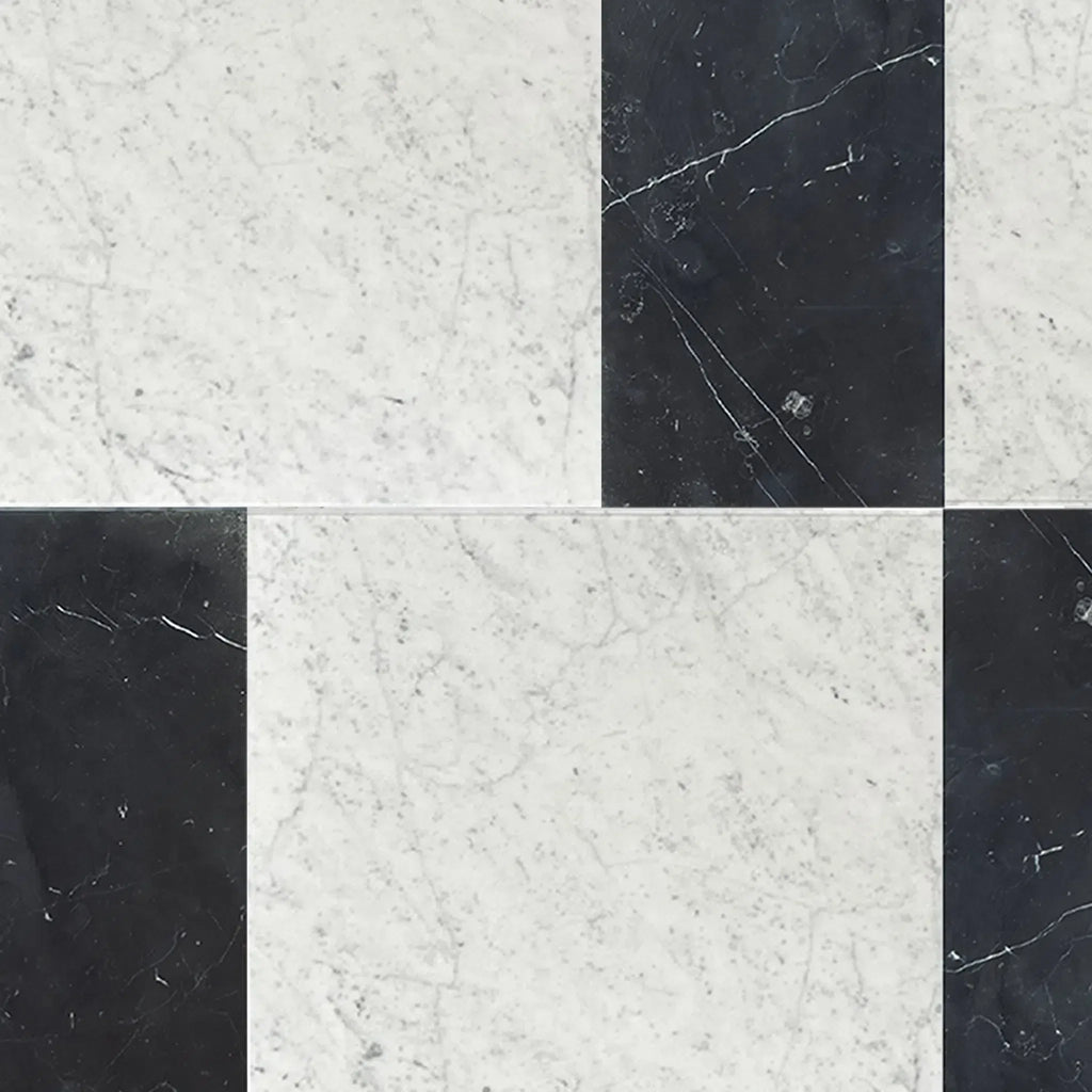 Black and white marble tile pattern featuring Modena in Carrara White and Nero Marquina