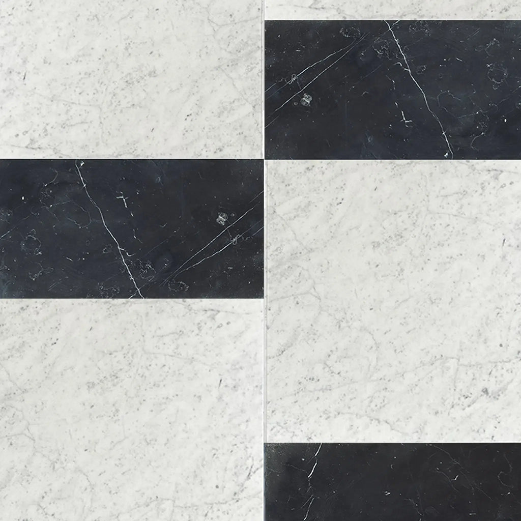 Black and white marble tile pattern from Modena in Carrara White and Nero Marquina set