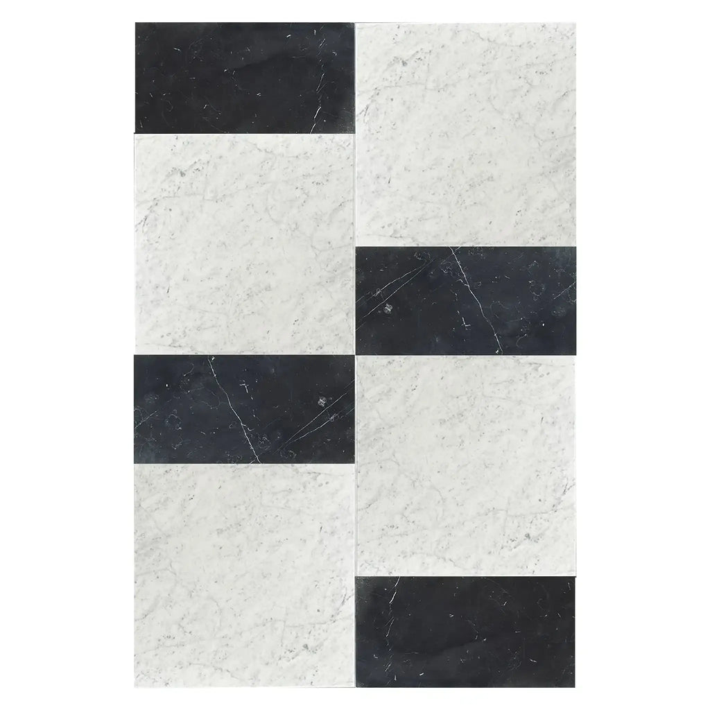 Black and white marble tile pattern in Modena Carrara White and Nero Marquina set