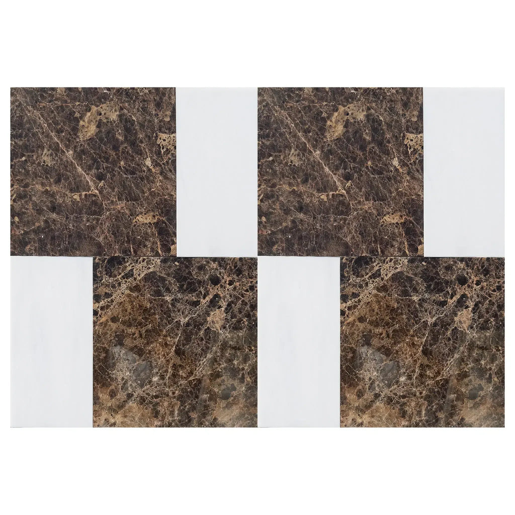 Brown marble and white tile pattern in Modena Emperador Dark and Bianco Dolomite set