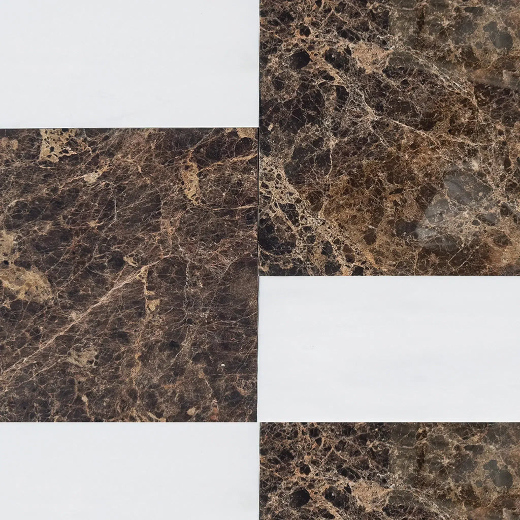 Brown marble tile pattern in Modena Emperador Dark 12X12 and Bianco Dolomite 6X12 set