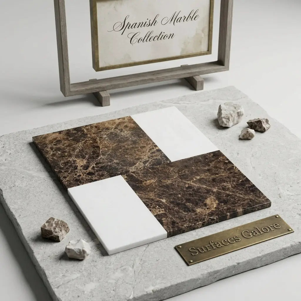 Dark brown spanish marble slabs with golden veining and white bianco dolomite displayed on gray textured stone base