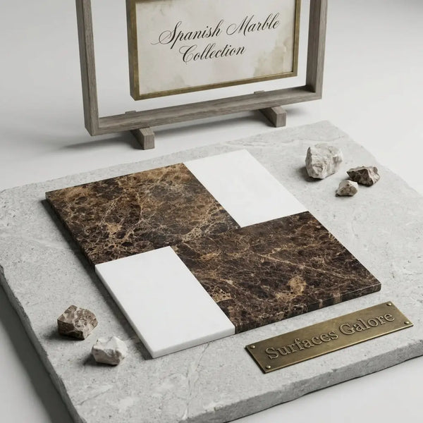 Dark brown spanish marble slabs with golden veining and white bianco dolomite displayed on gray textured stone base