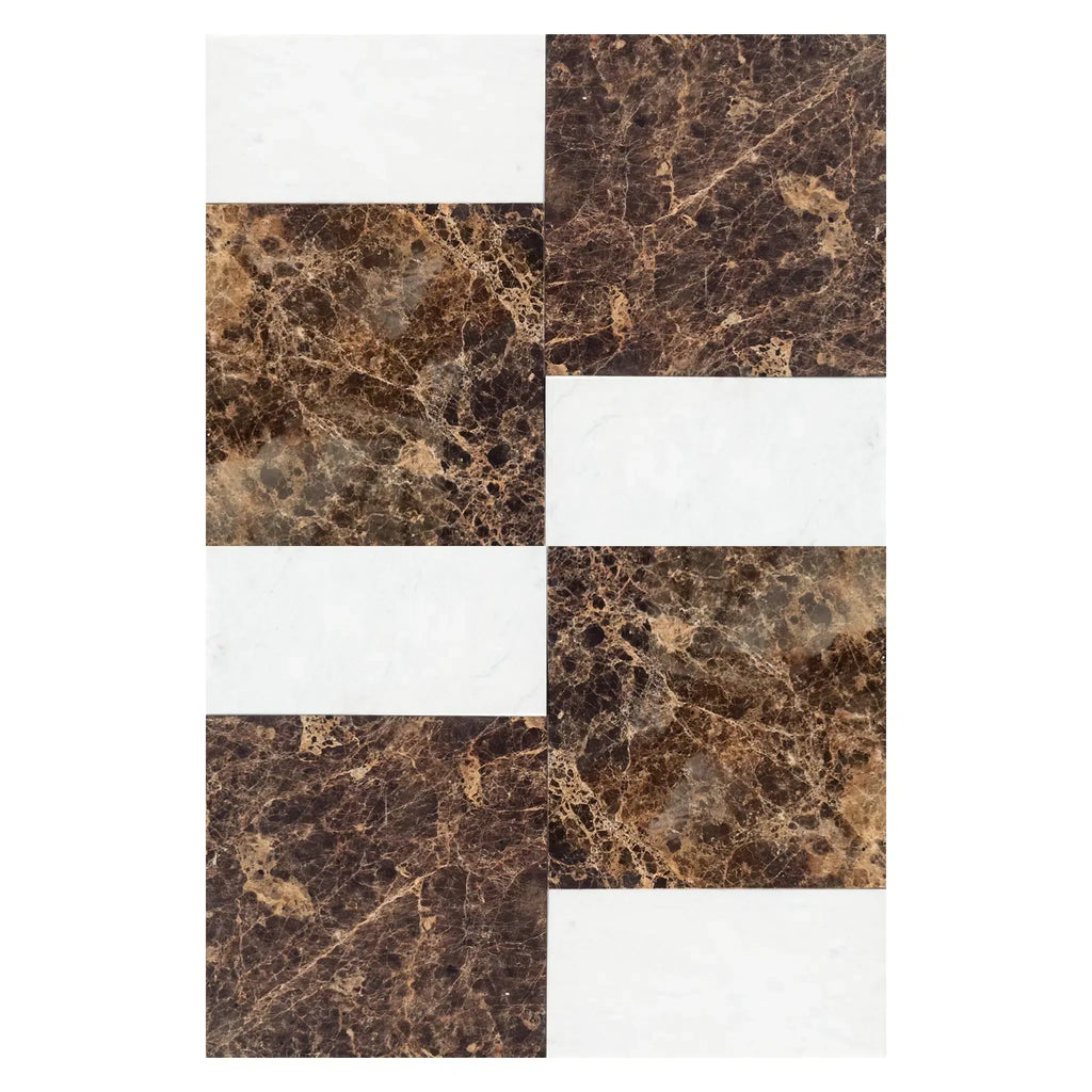 Rectangular marble and white tile pattern in Modena Emperador Dark and Carrara White set