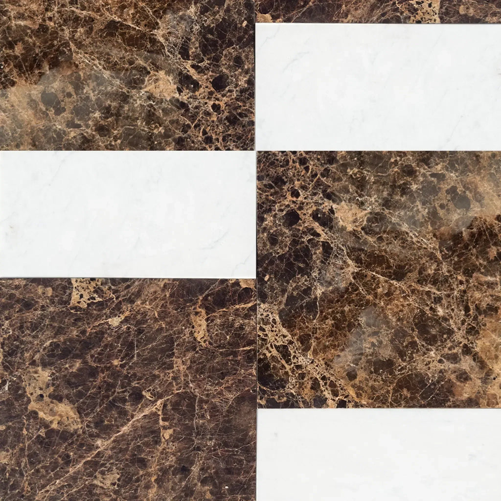 Brown and white marble tile pattern in Modena Emperador Dark and Carrara White set