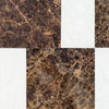 Checkerboard pattern of brown marble and white tiles in Modena set design