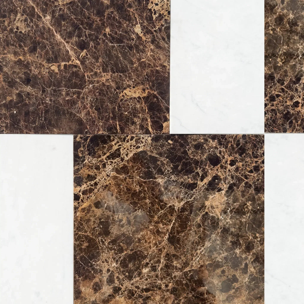 Checkerboard pattern of brown marble and white tiles in Modena set design