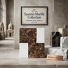 Brown and white spanish marble slab modena with intricate veining in emperador dark and carrara white tiles set