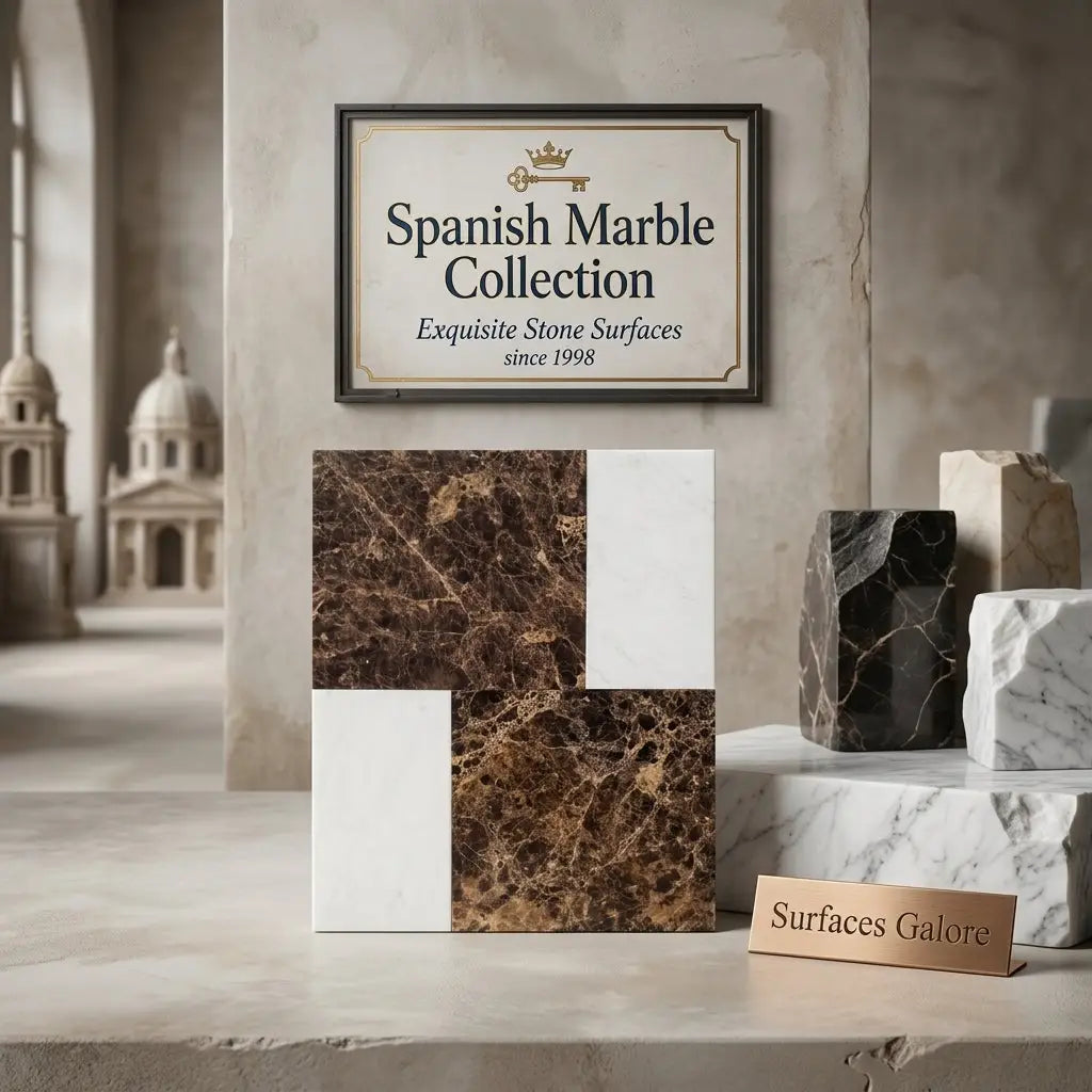 Brown and white spanish marble slab modena with intricate veining in emperador dark and carrara white tiles set