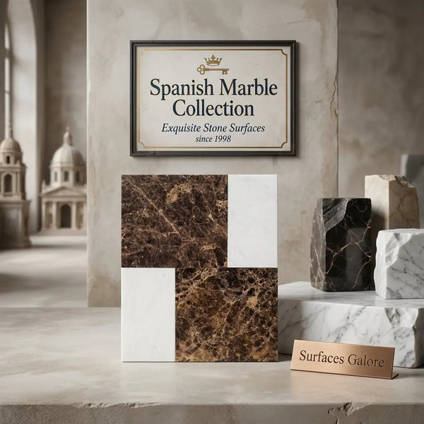 Brown and white spanish marble slab modena with intricate veining in emperador dark and carrara white tiles set