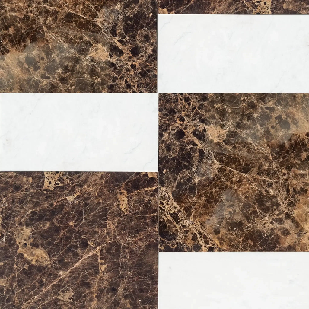 Brown and white marble tile pattern in Modena Emperador Dark and Carrara White set