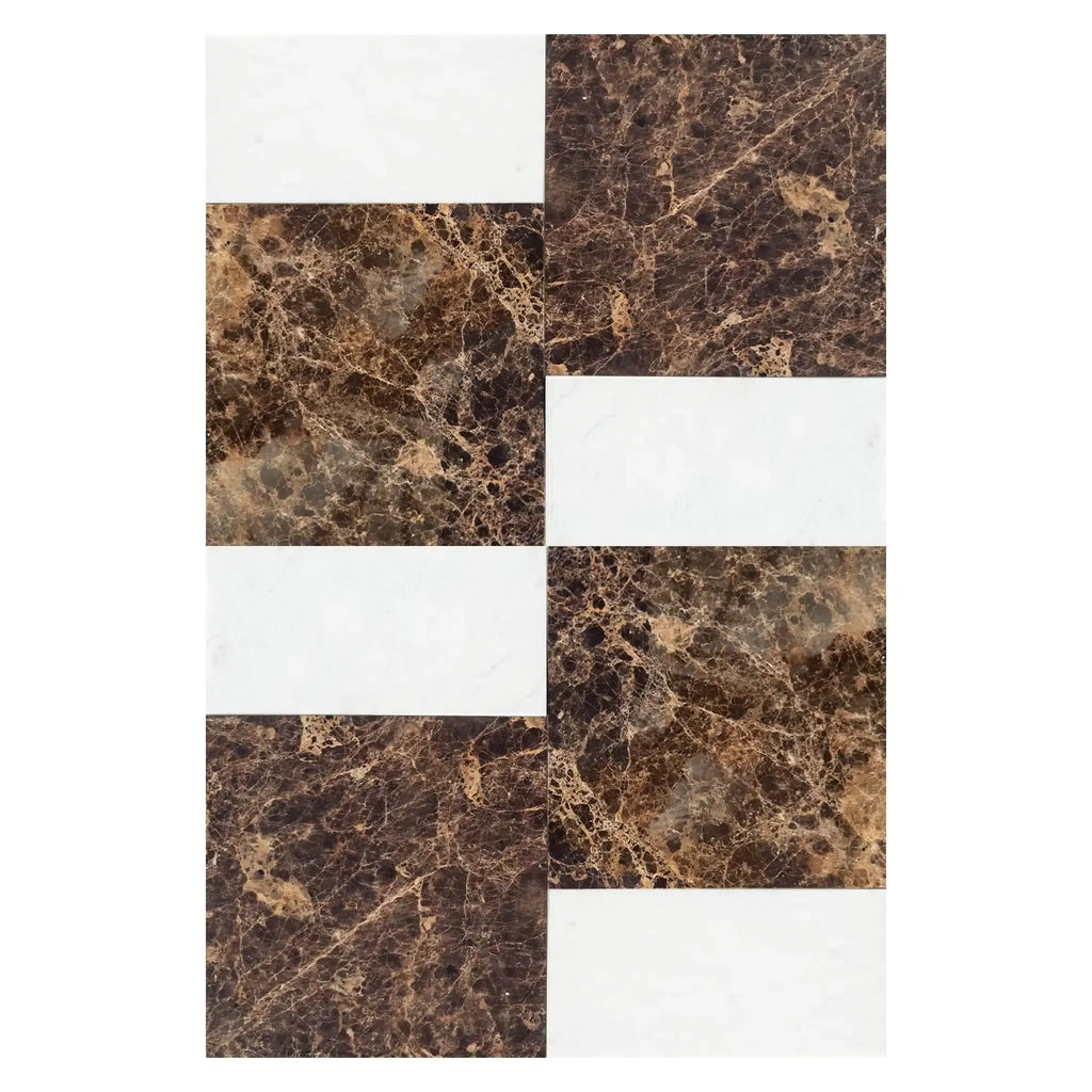 Rectangular marble and white tile pattern in Modena Emperador Dark and Carrara White set